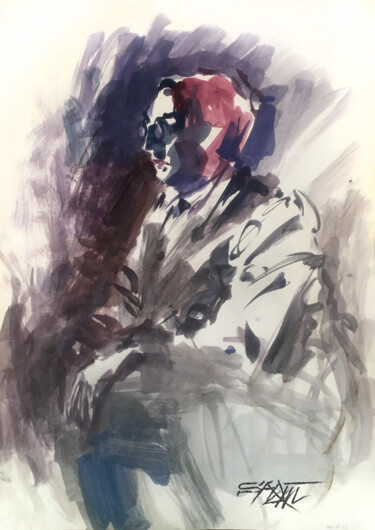 Schilderij getiteld "N°626 portrait - aq…" door Alexandre Dumitrescu, Origineel Kunstwerk, Aquarel