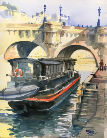 Peinture intitulée "N°441 - Paris, Pont…" par Alexandre Dumitrescu, Œuvre d'art originale, Aquarelle