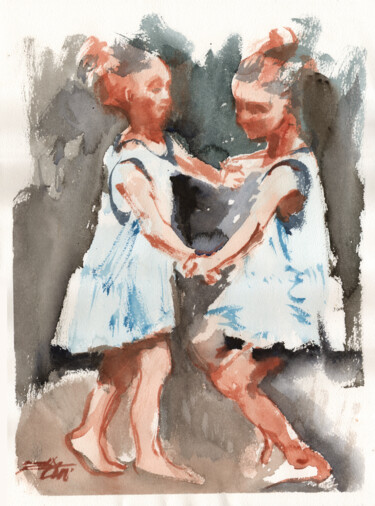 Peinture intitulée "N°639 deux fillette…" par Alexandre Dumitrescu, Œuvre d'art originale, Aquarelle