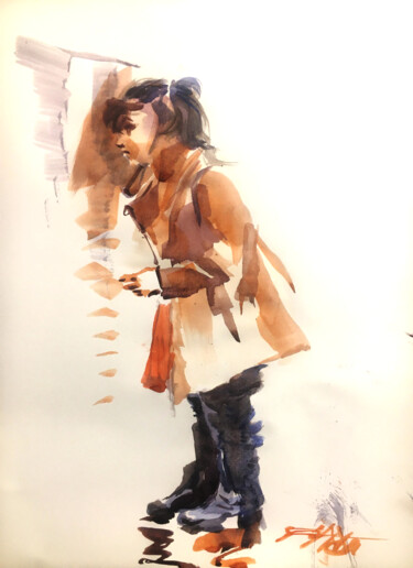 Painting titled "Une jeune fille éco…" by Alexandre Dumitrescu, Original Artwork, Watercolor