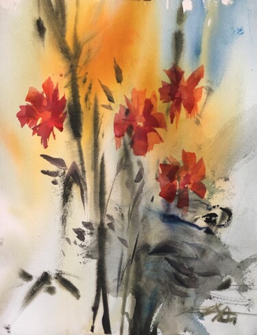 Peinture intitulée "N°671 Fleurs" par Alexandre Dumitrescu, Œuvre d'art originale, Aquarelle