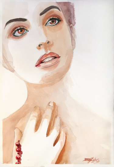 Peinture intitulée "N°494 fille au coll…" par Alexandre Dumitrescu, Œuvre d'art originale, Aquarelle