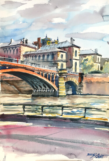 Painting titled "N°511 PARIS. QUAI D…" by Alexandre Dumitrescu, Original Artwork, Watercolor Mounted on Cardboard