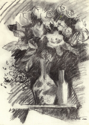 Disegno intitolato "Bouquet de roses" da Alexandre Dumitrescu, Opera d'arte originale, Carbone
