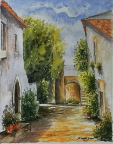 Painting titled "Rua tipica de Caste…" by Alexandre Gomes, Original Artwork, Watercolor Mounted on Wood Stretcher frame