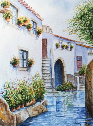 Painting titled "Castelo de Vide" by Alexandre Gomes, Original Artwork, Watercolor Mounted on Wood Stretcher frame