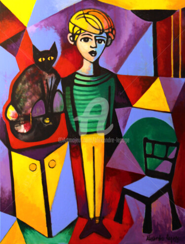 Painting titled "L'enfant et le chat" by Alexandre Lepage, Original Artwork, Acrylic Mounted on Wood Stretcher frame