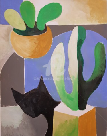 Painting titled "Chat au cactus" by Alexandre Lepage, Original Artwork, Acrylic