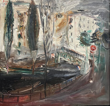 Painting titled ""Canal Saint Martin"" by Alexandre Putov, Original Artwork, Oil Mounted on Wood Stretcher frame