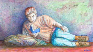 Painting titled "lecteur-banc.jpg" by Alexandre Simon, Original Artwork, Watercolor