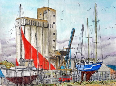 Malerei mit dem Titel "Vue sur le port de…" von Alexandre Simon, Original-Kunstwerk, Aquarell