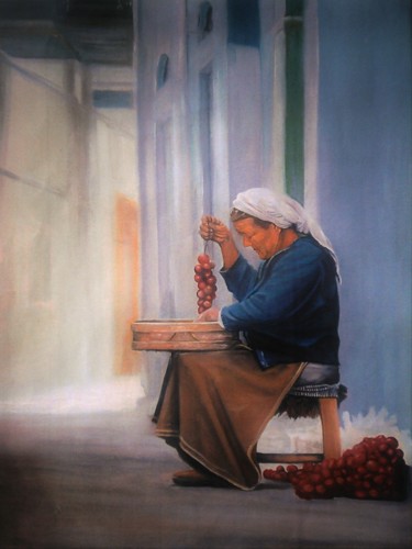 Painting titled "santorini woman" by Alexandrides, Original Artwork, Oil