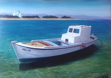Painting titled "fishing boat" by Alexandrides, Original Artwork, Oil