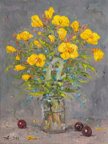 Painting titled "Flowers and cherries" by Alexander Alexandrovsky, Original Artwork, Oil