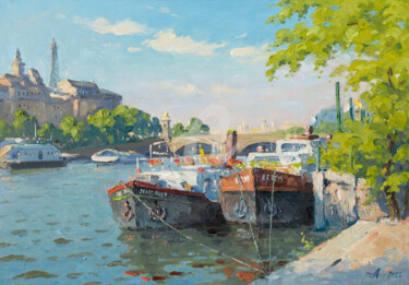 Painting titled "Barges on the River…" by Alexander Alexandrovsky, Original Artwork, Oil