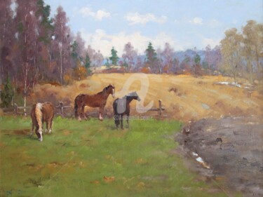 Painting titled "Horses in Maryino" by Alexander Alexandrovsky, Original Artwork, Oil