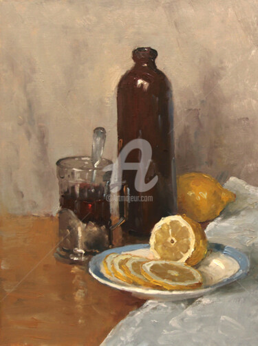 Pittura intitolato "Sill life with lemon" da Alexander Alexandrovsky, Opera d'arte originale, Olio
