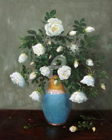 Painting titled "White Rose" by Alexander Alexandrovsky, Original Artwork, Oil