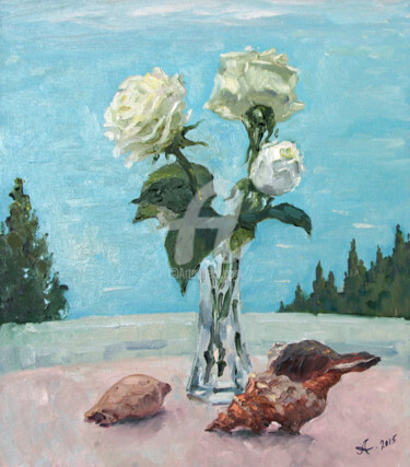 Schilderij getiteld "Roses and seashells" door Alexander Alexandrovsky, Origineel Kunstwerk, Olie