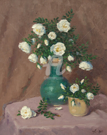 Peinture intitulée "White wild rose in…" par Alexander Alexandrovsky, Œuvre d'art originale, Huile