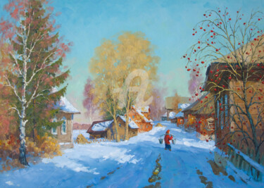 Schilderij getiteld "Bor village" door Alexander Alexandrovsky, Origineel Kunstwerk, Olie