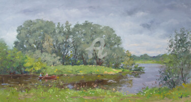 Painting titled "Boat on Dnepr River" by Alexander Alexandrovsky, Original Artwork, Oil