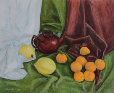 Malarstwo zatytułowany „Still Life with Tea…” autorstwa Alexey Beregovoy, Oryginalna praca, Olej Zamontowany na Drewniana ra…