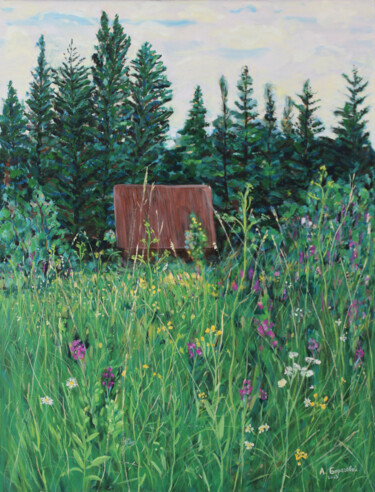 Painting titled "Cottage on the Mead…" by Alexey Beregovoy, Original Artwork, Oil Mounted on Wood Stretcher frame