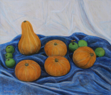 Painting titled "Pumpkins and Apples…" by Alexey Beregovoy, Original Artwork, Oil Mounted on Wood Stretcher frame
