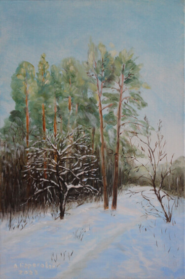 Painting titled "Winter in the Fores…" by Alexey Beregovoy, Original Artwork, Oil Mounted on Wood Stretcher frame