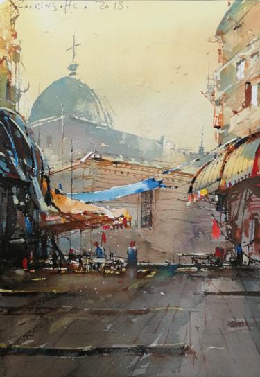 Painting titled "Cityscape-2" by Alexey Boukingolts, Original Artwork, Watercolor