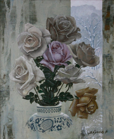 Painting titled "Roses et l'hiver" by Alexey Matrosov, Original Artwork, Oil