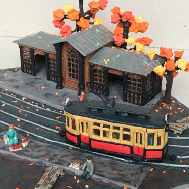Sculpture titled "Tram Stop (100 yars…" by Alexey Mikulin, Original Artwork, Polymer clay