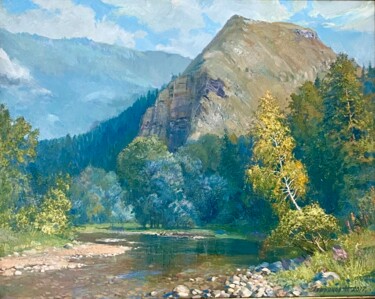 Painting titled "Ural River" by Alexey Petrikov, Original Artwork, Oil Mounted on Aluminium