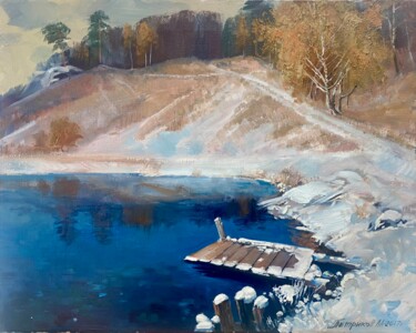 Painting titled "Blue lake" by Alexey Petrikov, Original Artwork, Oil