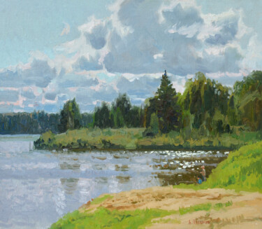 Malerei mit dem Titel "Tureya river" von Alexey Pleshkov, Original-Kunstwerk, Öl