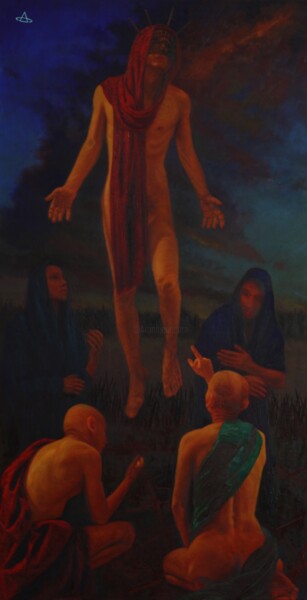 Painting titled "The Ritual" by Alexey Spirin, Original Artwork, Oil Mounted on Wood Stretcher frame