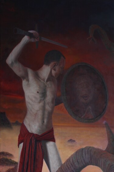 Painting titled "PERSEUS AND MEDUSA" by Alexey Spirin, Original Artwork, Oil Mounted on Wood Stretcher frame