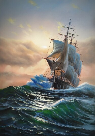 Painting titled "Sailing on the warm…" by Alexey Stadnik, Original Artwork, Oil