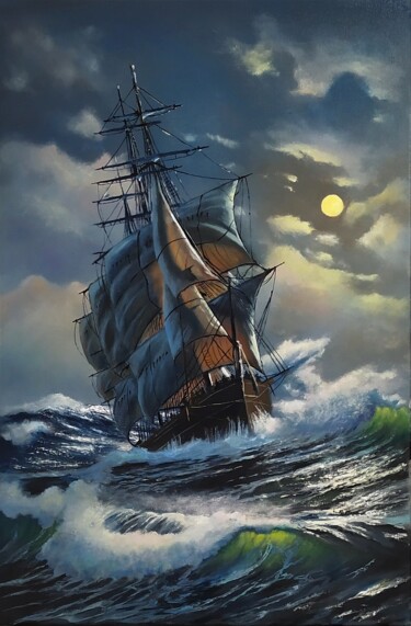 Painting titled "Night sailing" by Alexey Stadnik, Original Artwork, Oil