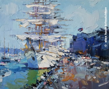 Painting titled "Sail Amsterdam V" by Alex Hook Krioutchkov, Original Artwork, Oil Mounted on Wood Stretcher frame