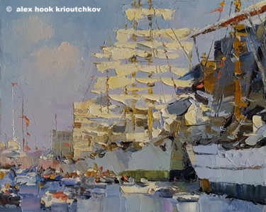 Painting titled "Sail Amsterdam IV" by Alex Hook Krioutchkov, Original Artwork, Oil Mounted on Wood Stretcher frame