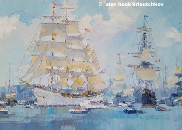 Painting titled "Sail Amsterdam XII" by Alex Hook Krioutchkov, Original Artwork, Oil Mounted on Wood Stretcher frame