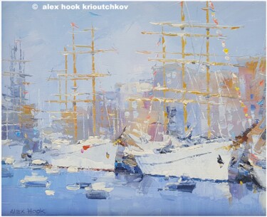 Painting titled "Sail Amsterdam VI" by Alex Hook Krioutchkov, Original Artwork, Oil Mounted on Wood Stretcher frame