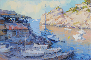 Painting titled "Cala de Deia XI" by Alex Hook Krioutchkov, Original Artwork, Oil Mounted on Wood Stretcher frame