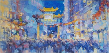 Painting titled "London's CHINATOWN…" by Alex Hook Krioutchkov, Original Artwork, Oil Mounted on Wood Stretcher frame