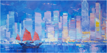 Painting titled "Hong Kong X" by Alex Hook Krioutchkov, Original Artwork, Oil Mounted on Wood Stretcher frame