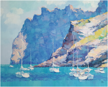 Painting titled "Cala San Vicente XX…" by Alex Hook Krioutchkov, Original Artwork, Oil Mounted on Wood Stretcher frame