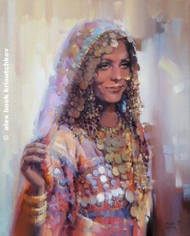 Картина под названием "Tribal woman in Ind…" - Alex Hook Krioutchkov, Подлинное произведение искусства, Масло Установлен на…