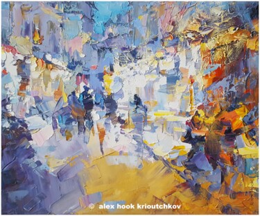 Painting titled "Montmartre at night…" by Alex Hook Krioutchkov, Original Artwork, Oil Mounted on Wood Stretcher frame